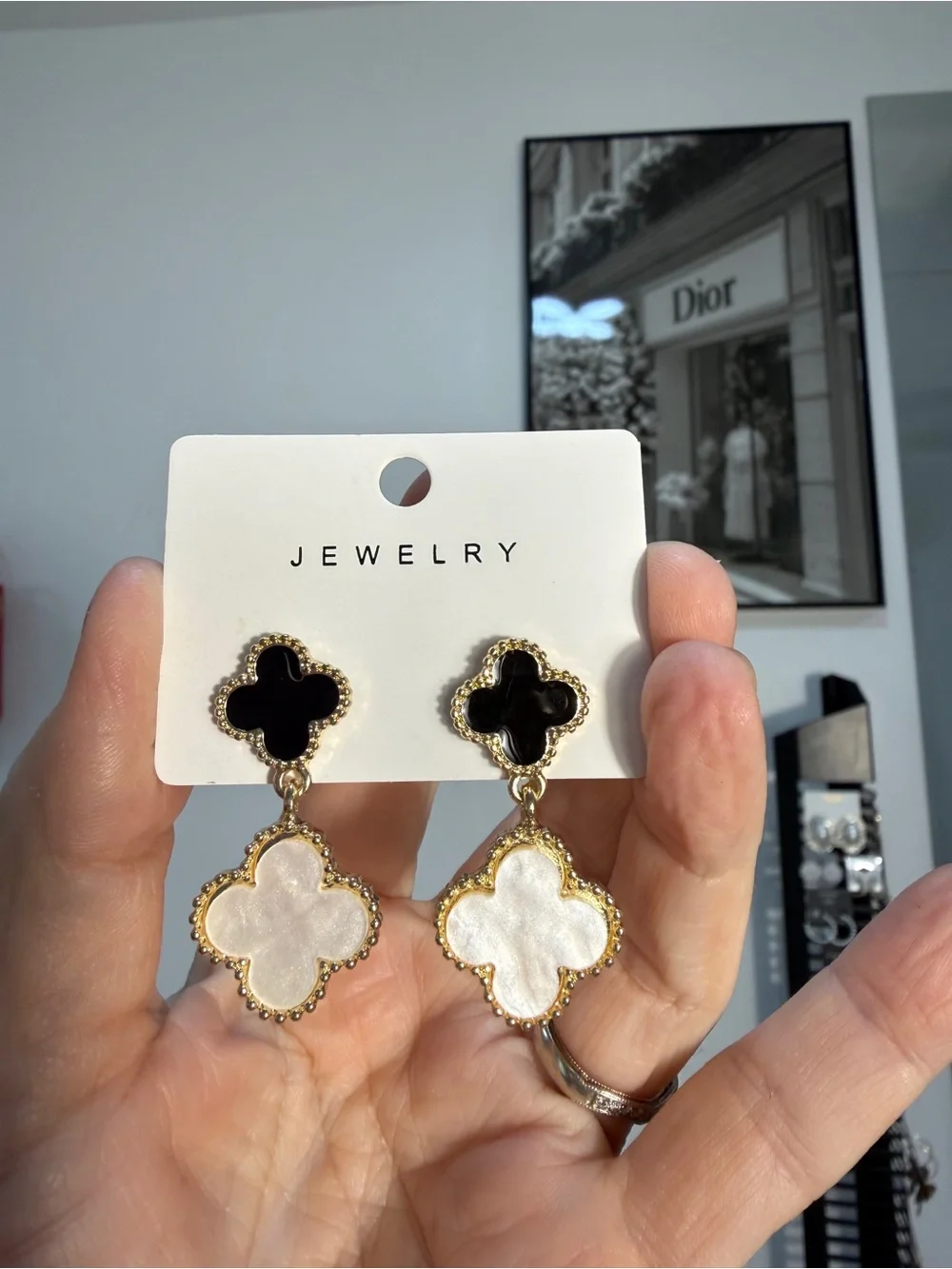 Gold-Tone Black & White Clover Drop Earrings